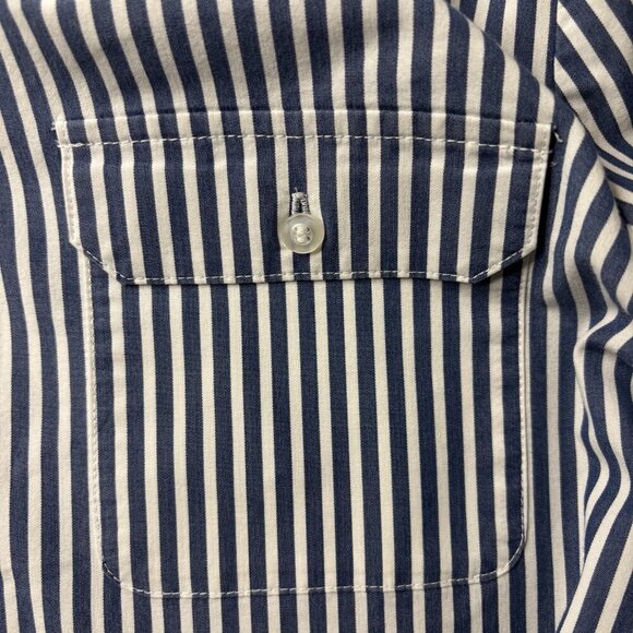 CHICOS Size 1 Button Up Collared Shirt Striped Roll Tab Sleeve Stretch Business - Picture 2 of 4
